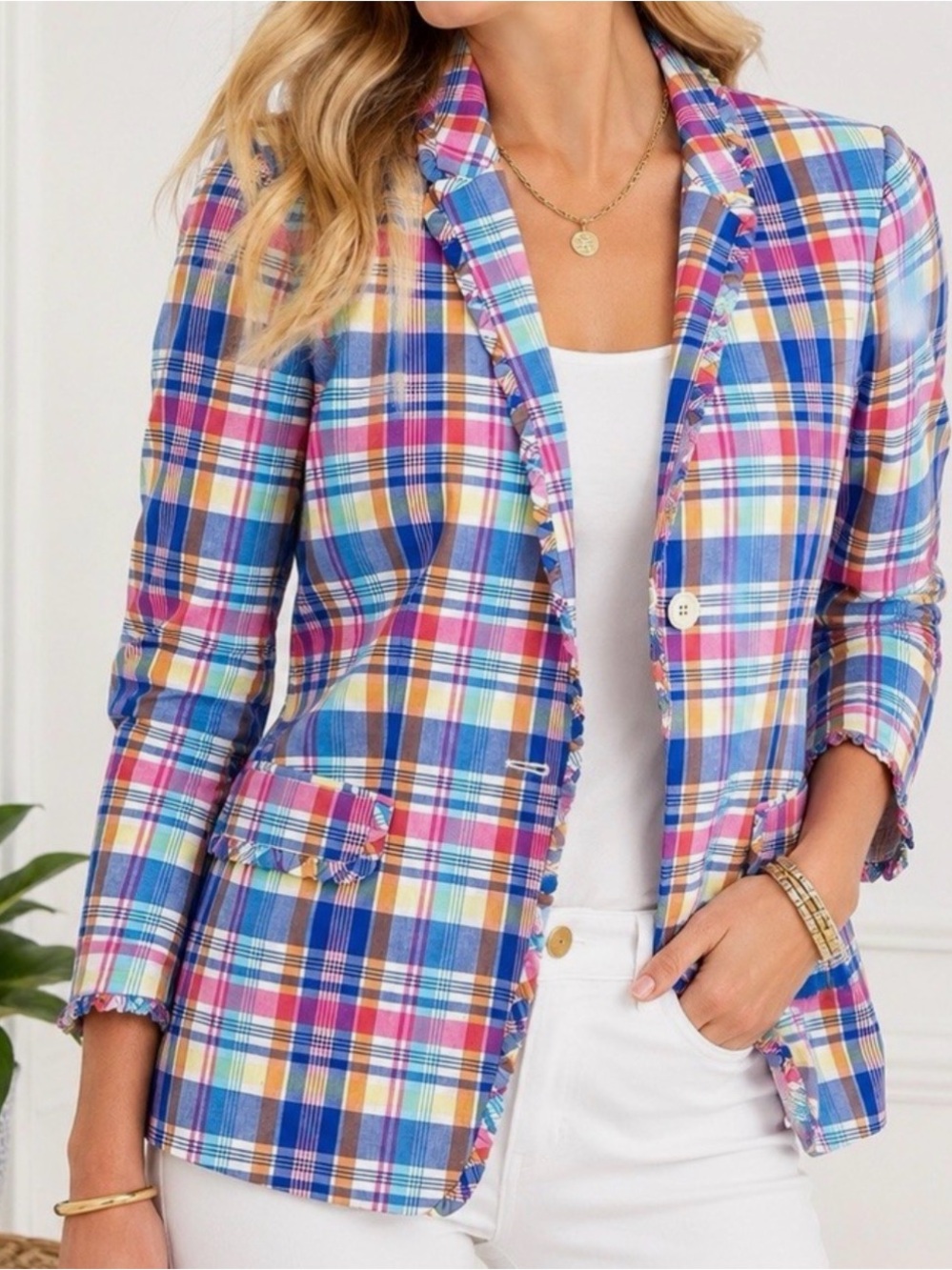 J Crew NWT Regent Blazer Womens Multicolor Madras Plaid Ruffle Trim Jacket - Picture 2 of 11